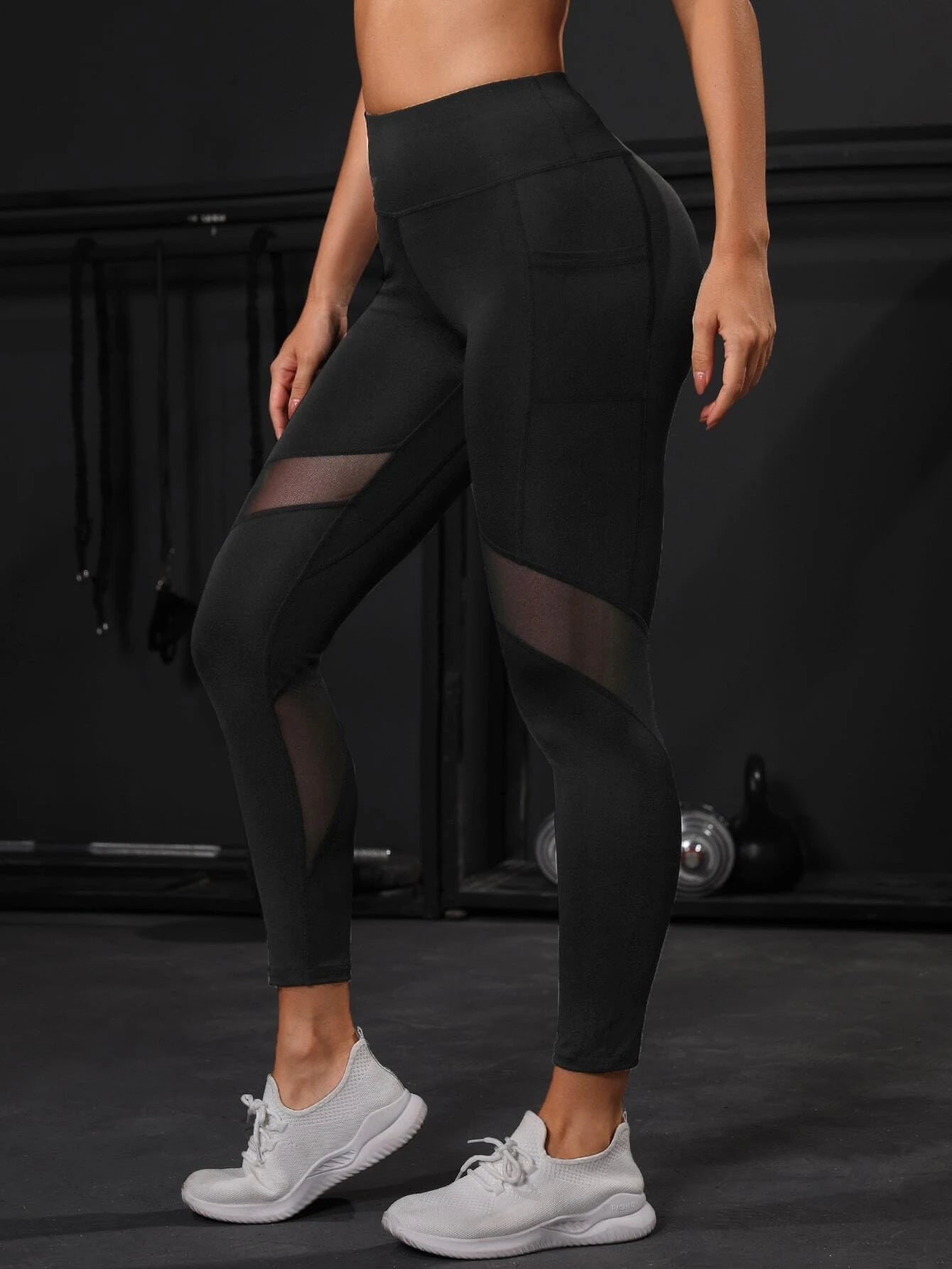 POWERISTA Powerista Cropped Yoga Leggings Tummy Control Contrast Mesh Gym Tights with Side Phone Pocket