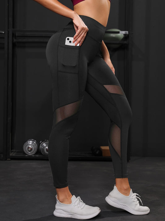 POWERISTA Powerista Cropped Yoga Leggings Tummy Control Contrast Mesh Gym Tights with Side Phone Pocket